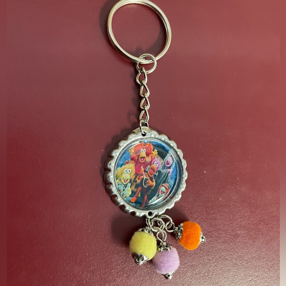 Fraggle Rock Handmade Bottle Cap Keychain with Poms